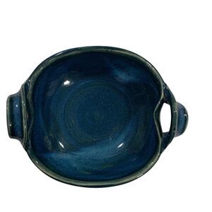 Hand Crafted Ceramic Bowl Blue Green Glaze with Handles Signed by Artist